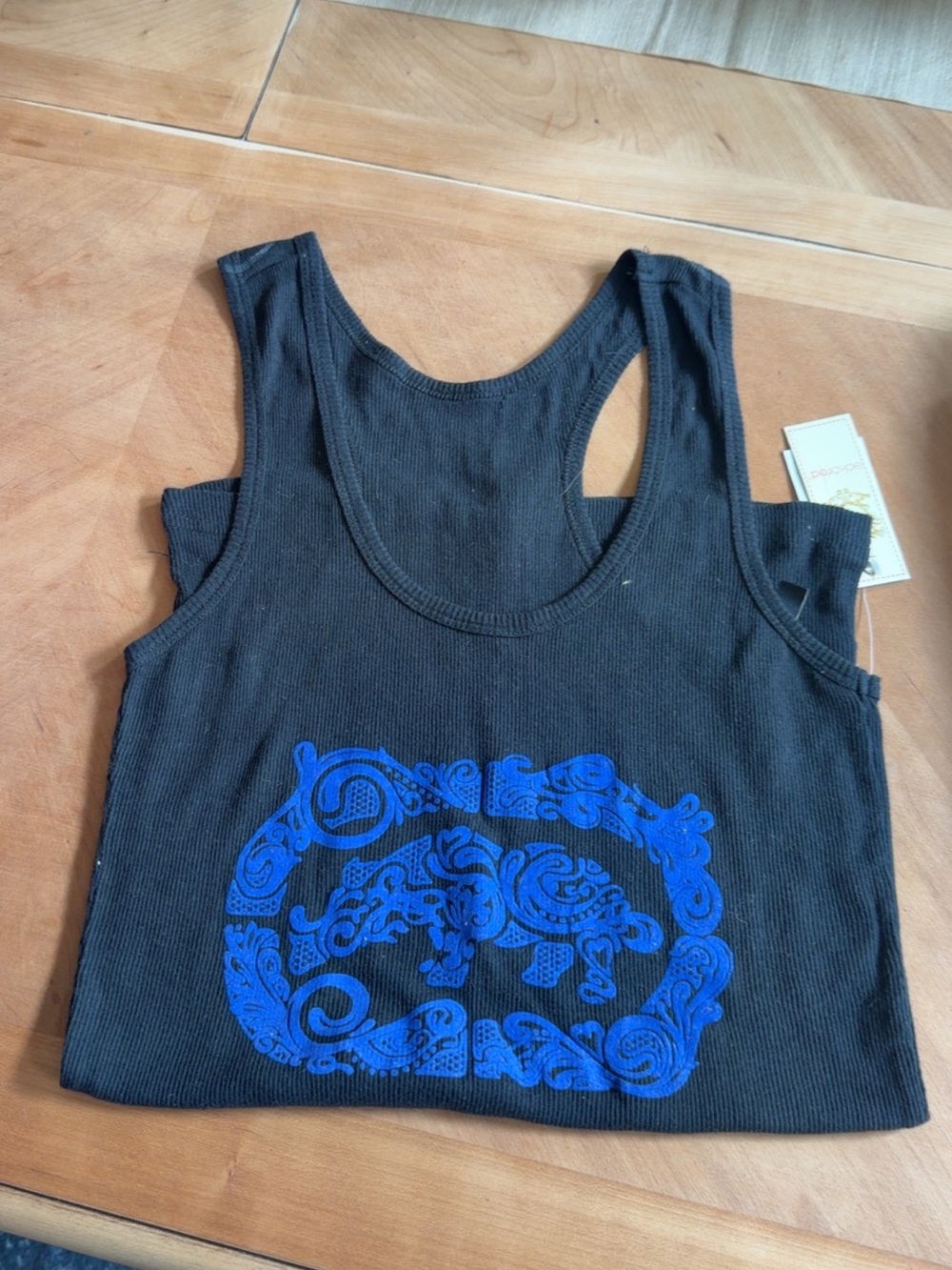 Ecko Unlimited Black Ribbed Tank with Blue Ornate Graphic